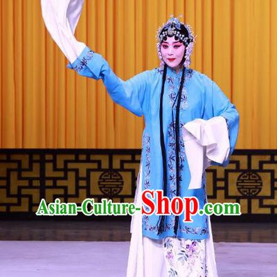Chinese Beijing Opera Diva Apparels Hong Mu Ma Chou Costumes and Headpieces Traditional Peking Opera Tsing Yi Blue Dress Young Mistress Garment
