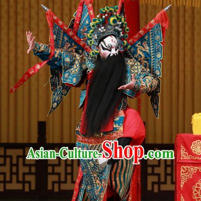 Yang Ping Guan Chinese Peking Opera General Green Armor Garment Costumes and Headwear Beijing Opera Old Man Apparels Kao Suit with Flags Clothing