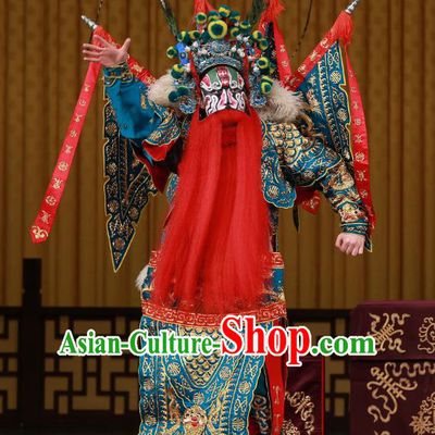 Yang Ping Guan Chinese Peking Opera General Blue Armor Garment Costumes and Headwear Beijing Opera Old Man Apparels Martial Male Kao Suit Clothing with Flags