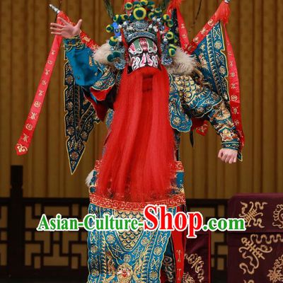 Dingjun Mount Chinese Peking Opera Military Officer Armor Garment Costumes and Headwear Beijing Opera General Xia Houde Apparels Clothing Kao with Flags