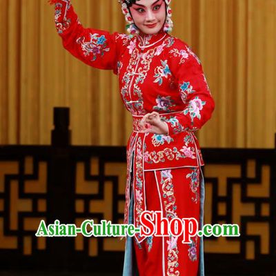 Chinese Beijing Opera Swordsplay Female Tao Sanchun Apparels Da Gua Yuan Costumes and Headpieces Traditional Peking Opera Actress Red Dress Garment