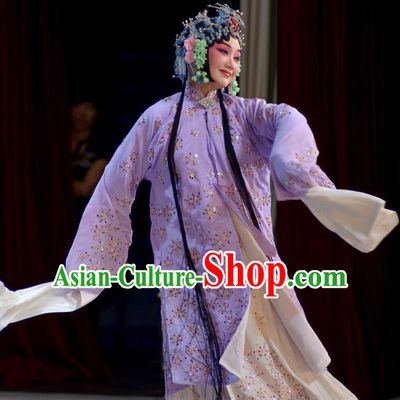Chinese Beijing Opera Hua Tan Young Mistress Apparels Chun Gui Meng Costumes and Headpieces Traditional Peking Opera Actress Purple Dress Garment