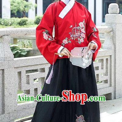 Chinese Traditional Ming Dynasty Patrician Lady Hanfu Dress Ancient Historical Costumes Red Blouse and Black Skirt Complete Set