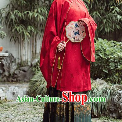 Chinese Traditional Ancient Patrician Lady Hanfu Dress Ming Dynasty Red Blouse and Green Brocade Skirt Historical Costumes Complete Set