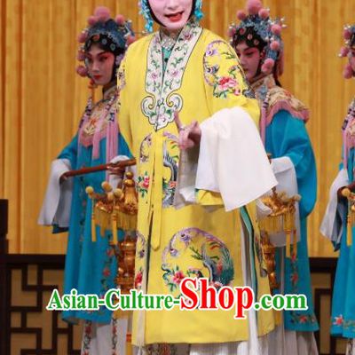 Chinese Beijing Opera Empress Lv Apparels Wei Yang Palace Costumes and Headpieces Traditional Peking Opera Young Female Yellow Dress Garment