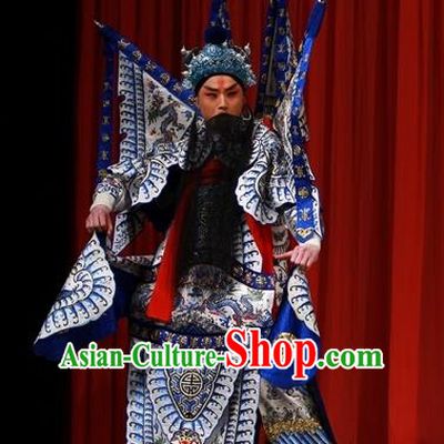 White Gate Tower Chinese Peking Opera General Zhang Liao Garment Costumes and Headwear Beijing Opera Military Officer Kao Apparels Armor Clothing with Flags