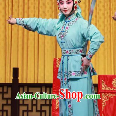 Chinese Beijing Opera Swordswoman Apparels Mu Ke Zhai Costumes and Headpieces Traditional Peking Opera Wudan Blue Dress Garment