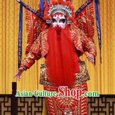 Mu Ke Zhai Chinese Peking Opera Jing Role Garment Costumes and Headwear Beijing Opera Apparels General Meng Liang Red Kao Armor Clothing with Flags
