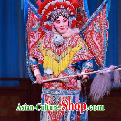 Chinese Beijing Opera Tao Ma Tan Apparels Mu Ke Zhai Costumes and Headpieces Traditional Peking Opera Female General Dress Mu Guiying Armor Garment with Flags
