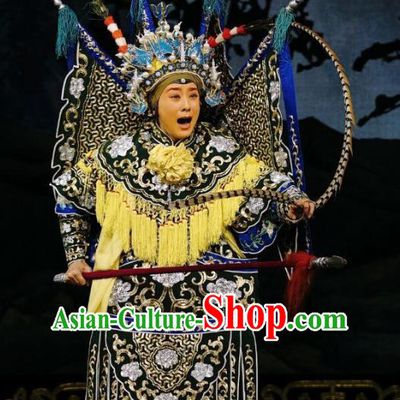Chinese Beijing Opera Female General Apparels Colorful Spear Costumes and Headpieces Traditional Peking Opera Martial Woman Jiang Guizhi Armor Garment with Flags