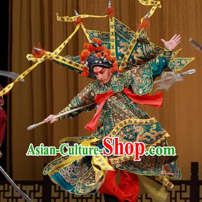 Sang Yuan Ji Zi Chinese Peking Opera Wusheng Garment Costumes and Headwear Beijing Opera General Kao with Flags Apparels Clothing