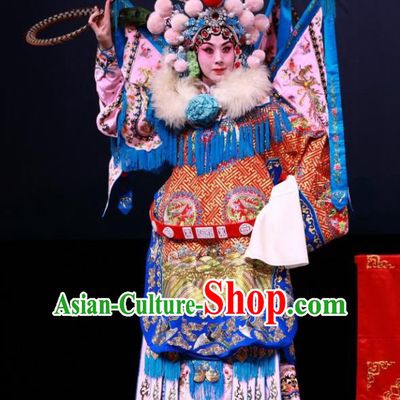 Chinese Beijing Opera Tao Ma Tan Armor Apparels Mu Ke Zhai Costumes and Headpieces Mu Guiying Kao Garment with Flags Traditional Peking Opera Blues Dress