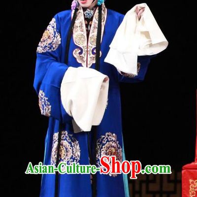 Chinese Beijing Opera Young Madam Apparels Jiang You Guan Costumes and Headpieces Traditional Peking Opera Hua Tan Blue Dress Garment