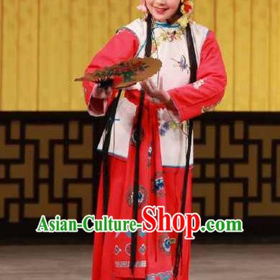 Chinese Beijing Opera Maidservant Chun Lan Apparels Hua Tian Cuo Costumes and Headpieces Traditional Peking Opera Young Lady Dress Xiaodan Garment