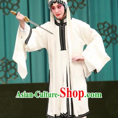 Chinese Beijing Opera Apparels Qing Shuang Sword Costumes and Headpieces Traditional Peking Opera Young Female Shen Xuezhen Dress Distress Maiden Widow Garment