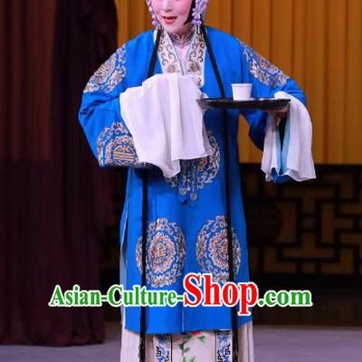 Chinese Beijing Opera Young Female Yue Mu Ci Zi Apparels Costumes and Headpieces Traditional Peking Opera Actress Blue Dress Wife Garment