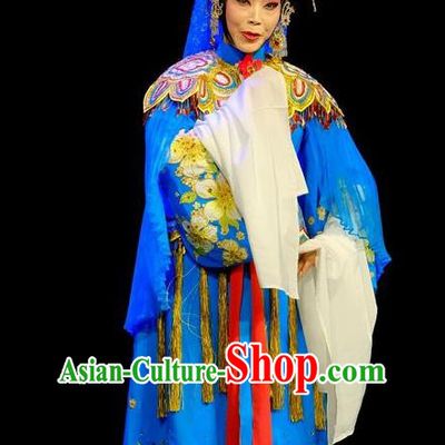 Chinese Beijing Opera Elderly Princess Miao Yin Apparels Love of Guan Yin Costumes and Headdress Traditional Peking Opera Actress Blue Dress Garment