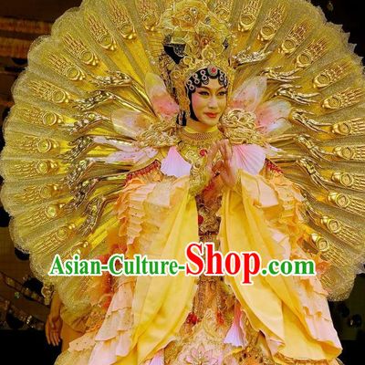 Chinese Beijing Opera Bodhisattva Apparels Love of Guan Yin Costumes and Headdress Traditional Peking Opera Mercy Buddha Dress Goddess Garment