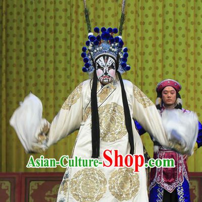 Bai Liang Guan Chinese Peking Opera Garment Costumes and Headwear Beijing Opera Painted Role Apparels Martial Male Clothing