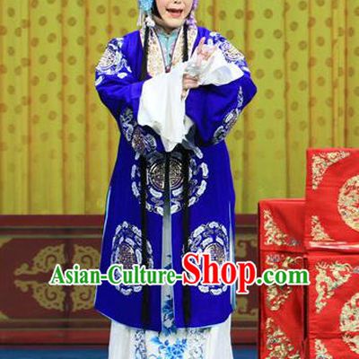 Chinese Beijing Opera Elderly Female Apparels Bai Liang Guan Costumes and Headdress Traditional Peking Opera Distress Woman Dress Dame Blue Garment