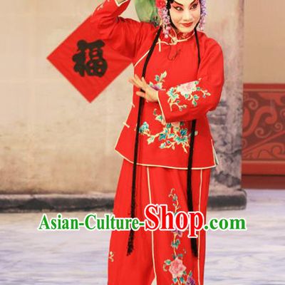 Chinese Beijing Opera Young Lady Apparels Ju Da Gang Costumes and Headdress Traditional Peking Opera Village Girl Red Dress Diva Garment
