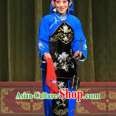 Chinese Beijing Opera Female Apparels Ju Da Gang Costumes and Headdress Traditional Peking Opera Country Woman Blue Dress Garment