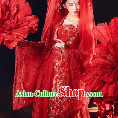 Chinese Traditional Tang Dynasty Wedding Historical Costumes Ancient Patrician Female Embroidered Red Hanfu Dress Bride Garment Complete Set