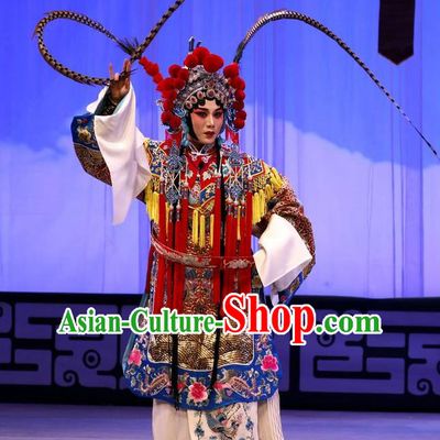 Chinese Beijing Opera Tao Ma Tan Apparels Zhan Hong Zhou Costumes and Headdress Traditional Peking Opera Blues Dress Martial Female Mu Guiying Garment