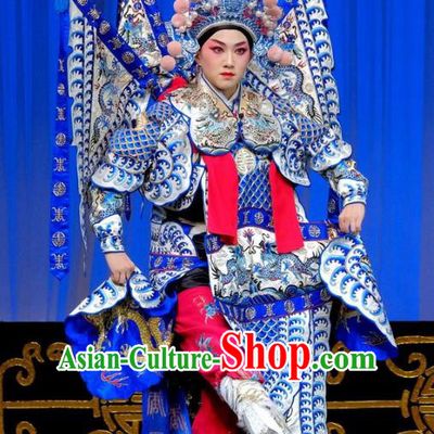 Chinese Beijing Opera Female General Kao Apparels Gai Rong Zhan Fu Costumes and Headdress Traditional Peking Opera Martial Woman Dress Wan Xiangyou Garment with Flags