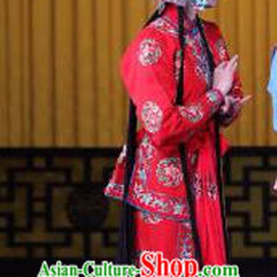 Chinese Beijing Opera Xiaodan Apparels Pu Qiu Mountain Costumes and Headdress Traditional Peking Opera Young Lady Dress Servant Girl Red Garment
