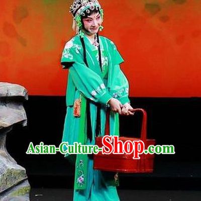 Chinese Beijing Opera Servant Girl Apparels Mei Hua Zan Costumes and Headdress Traditional Peking Opera Xiaodan Dress Maid Lady Green Garment