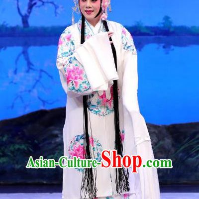 Chinese Beijing Opera Diva Bai Suzhen Apparels You Hu Costumes and Headdress Traditional Peking Opera Hua Tan Dress Young Female White Garment