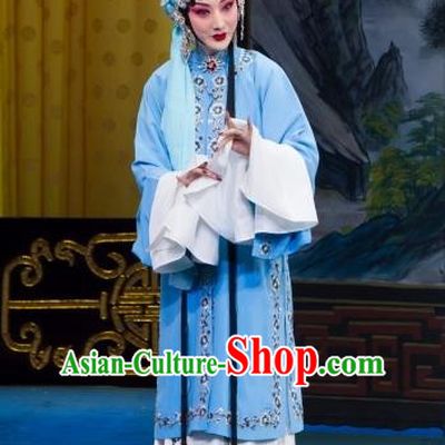 Chinese Beijing Opera Young Mistress Garment Zhou Ren Xian Sao Costumes and Hair Accessories Traditional Peking Opera Hua Tan Blue Dress Actress Apparels