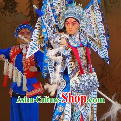 Legend of Xu Mu Chinese Peking Opera Armor Apparels Costumes and Headpieces Beijing Opera Military Officer Garment General Zhao Yun Kao Clothing with Flags