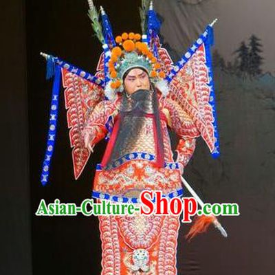 Legend of Xu Mu Chinese Peking Opera Red Armor Apparels Costumes and Headpieces Beijing Opera Military Officer Garment General Cao Ren Kao Clothing with Flags