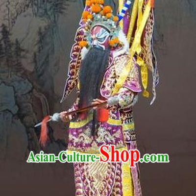 Legend of Xu Mu Chinese Peking Opera Purple Armor with Flags Apparels Costumes and Headpieces Beijing Opera Military Officer Garment General Li Dian Kao Clothing