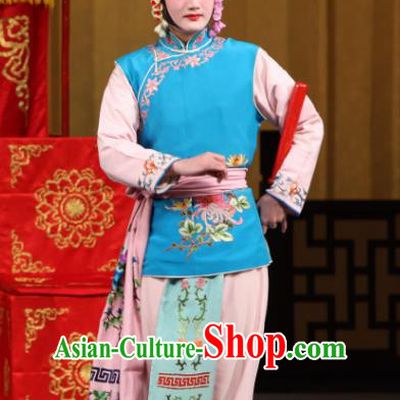 Chinese Beijing Opera Maid Lady Garment Jin Yunu Costumes and Hair Accessories Traditional Peking Opera Servant Girl Dress Xiaodan Blue Apparels