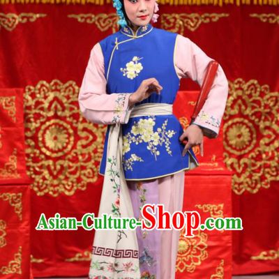 Chinese Beijing Opera Servant Girl Blue Garment Jin Yunu Costumes and Hair Accessories Traditional Peking Opera Xiaodan Dress Maid Lady Apparels