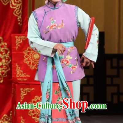 Chinese Beijing Opera Servant Girl Garment Jin Yunu Costumes and Hair Accessories Traditional Peking Opera Xiaodan Dress Maid Lady Purple Apparels