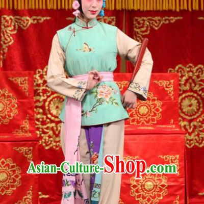 Chinese Beijing Opera Xiaodan Servant Girl Garment Jin Yunu Costumes and Hair Accessories Traditional Peking Opera Dress Maid Lady Green Apparels