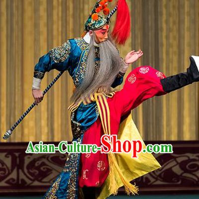 Four Heroes Village Chinese Peking Opera Swordsman Luo Hongxun Apparels Costumes and Headpieces Beijing Opera Martial Male Garment Wusheng Blue Clothing