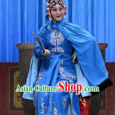 Chinese Beijing Opera Swordswoman Garment Da Jiu Guan Costumes and Hair Accessories Traditional Peking Opera Martial Female Blue Dress Apparels