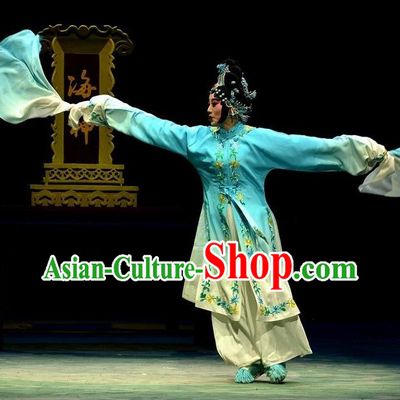 Chinese Ping Opera Distress Maiden Apparels Costumes and Headpieces Elege for Love Traditional Pingju Opera Diva Jiao Guiying Blue Dress Actress Garment