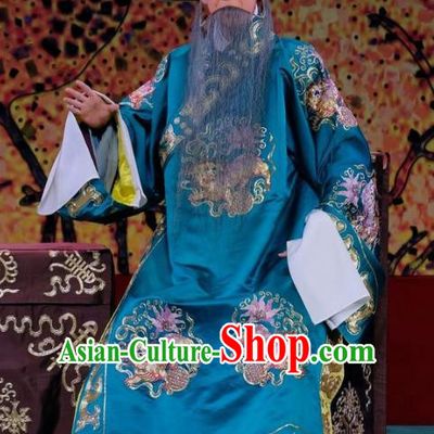 Ding Sheng Chun Qiu Chinese Peking Opera Elderly Male Apparels Costumes and Headpieces Beijing Opera Laosheng Garment Official Blue Robe Clothing