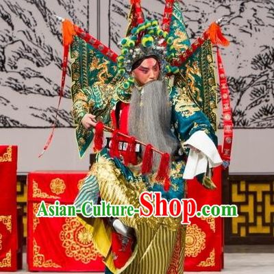 Long Tan Bao Luo Chinese Peking Opera General Luo Hongxun Kao Apparels Costumes and Headpieces Beijing Opera Green Armor Garment Clothing with Flags