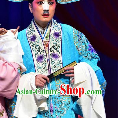 Divorce Case Chinese Sichuan Opera Young Male Apparels Costumes and Headpieces Peking Opera Xiaosheng Garment Clown Blue Clothing