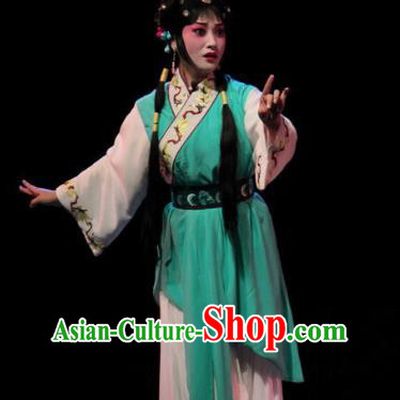 Chinese Sichuan Opera Xiaodan Garment Servant Girl Yan Yan Costumes and Hair Accessories Traditional Peking Opera Young Lady Green Dress Apparels