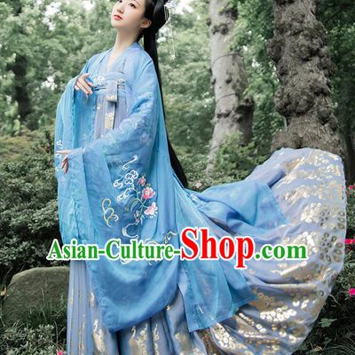 Chinese Traditional Ancient Tang Dynasty Historical Costumes Palace Princess Blue Hanfu Dress Apparels for Women