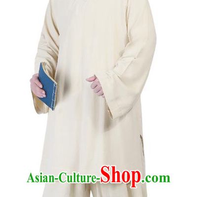 Chinese Traditional Monk Costume National Clothing Buddhism Beige Shirt and Pants for Men