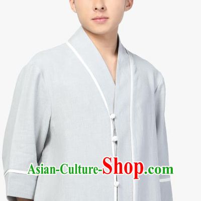 Chinese Traditional Tang Suit Upper Outer Garment Costume National Clothing Light Grey Ramie Shirt for Men